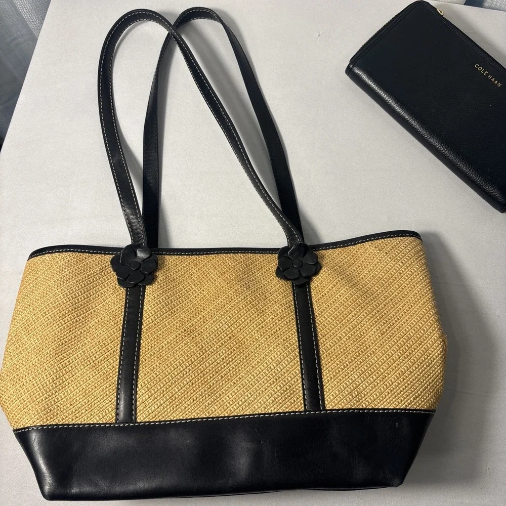 Cole Haan Purse & Wallet Woven Straw Black Faux Leather Shoulder Floral Accents